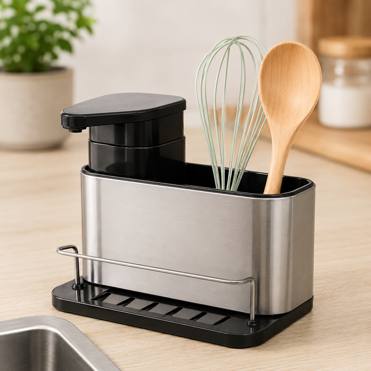Suporte Organizador de Cozinha em Aço Inoxidável com Doseador de Detergente