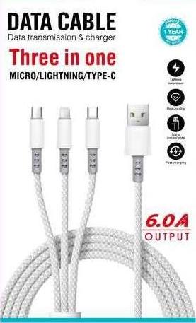 Cabo 3 em 1 6A USB para Lightning, USB-C e Micro USB 1m