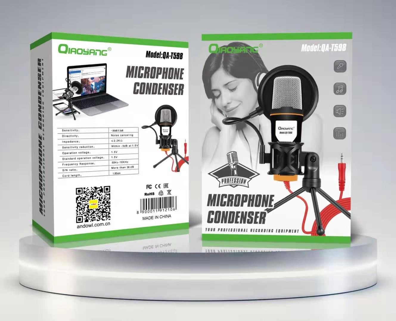 Microfone Condensador Qiaoyang QA-T598 com Tripé e Filtro Pop