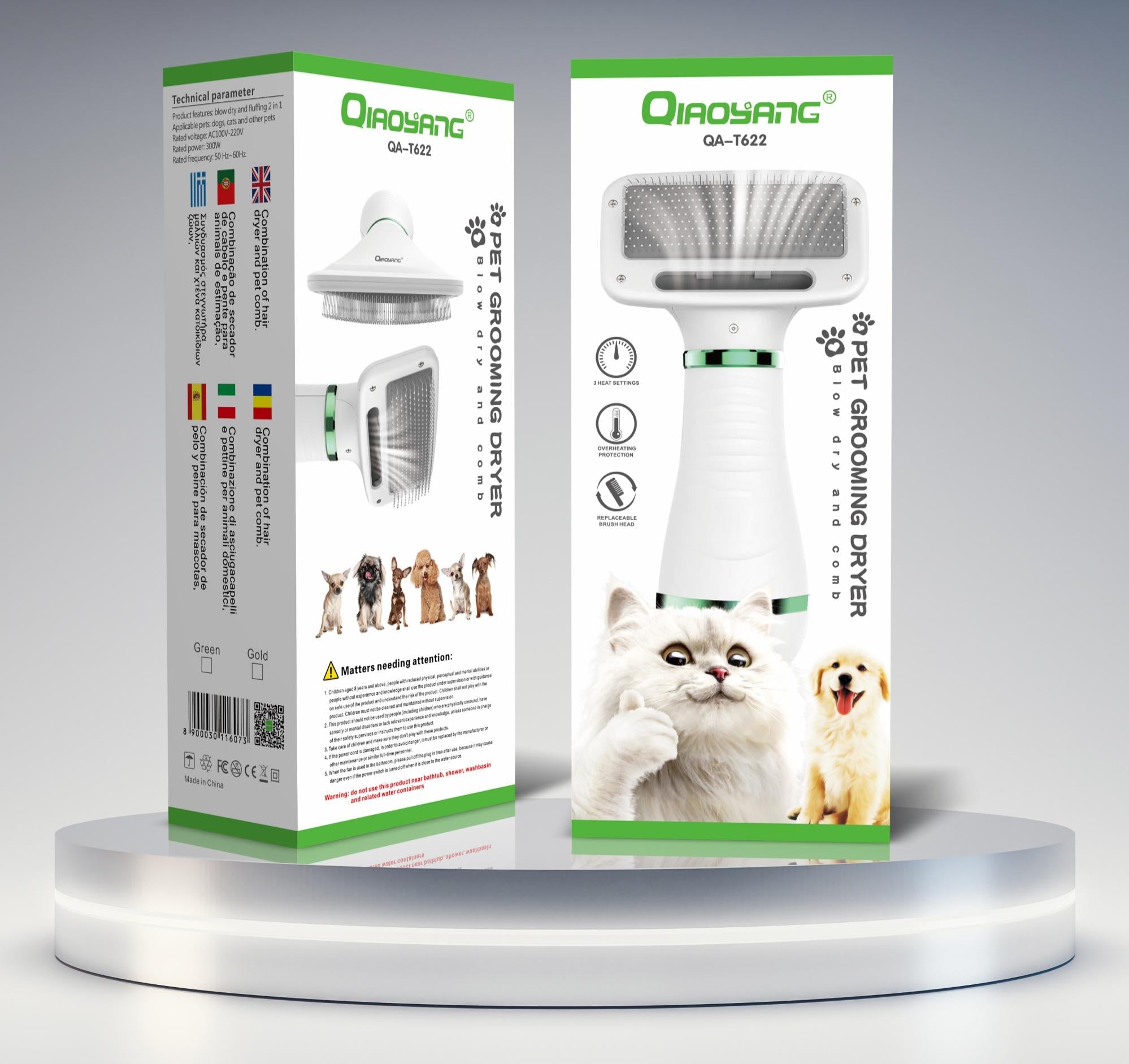 Secador e Escova de Grooming 2-em-1 para Animais de Estimação Qiaoyang QA-T622