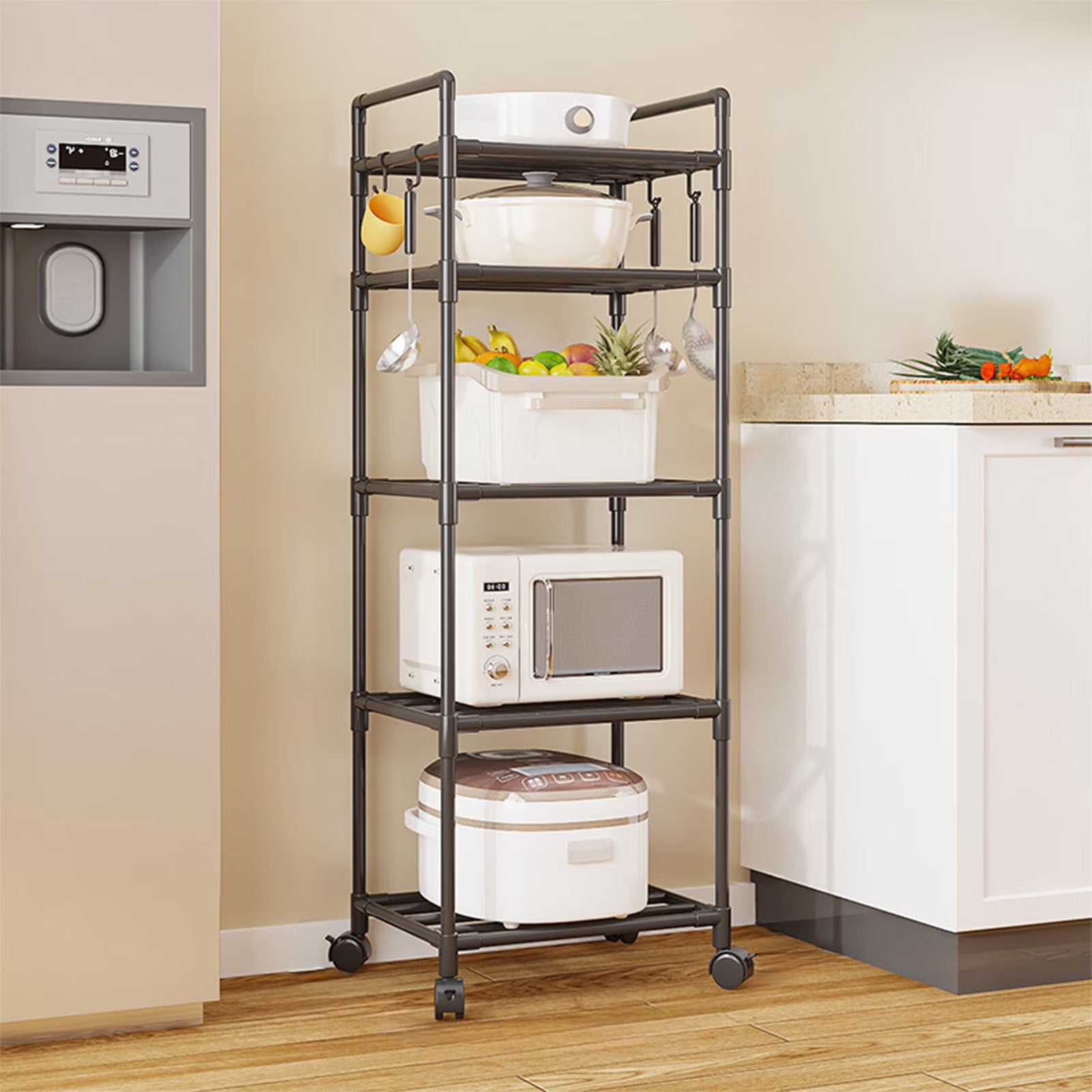 Estante de Cozinha Multifunções com Rodízios - Preto